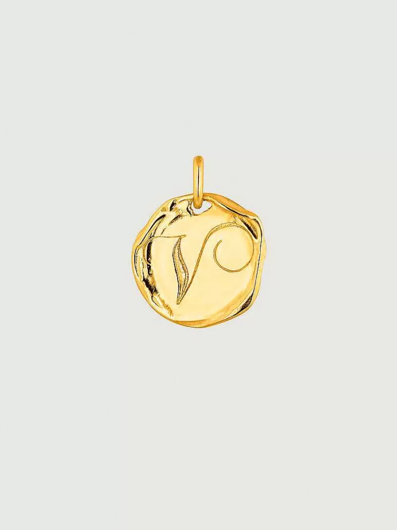 Aristocrazy Charms De Letras-Charm Artesanal De Plata 925 Banada En Oro Amarillo De 18K Con Inicial V