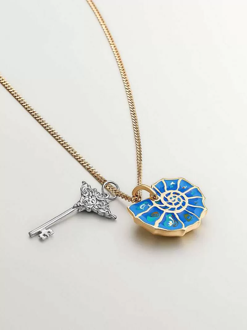 Aristocrazy Charms De Plata-Charm De Plata 925 Banada En Oro Amarillo De 18K Con Esmaltado Azul Y Topacios Blancos Con Forma De Caracola
