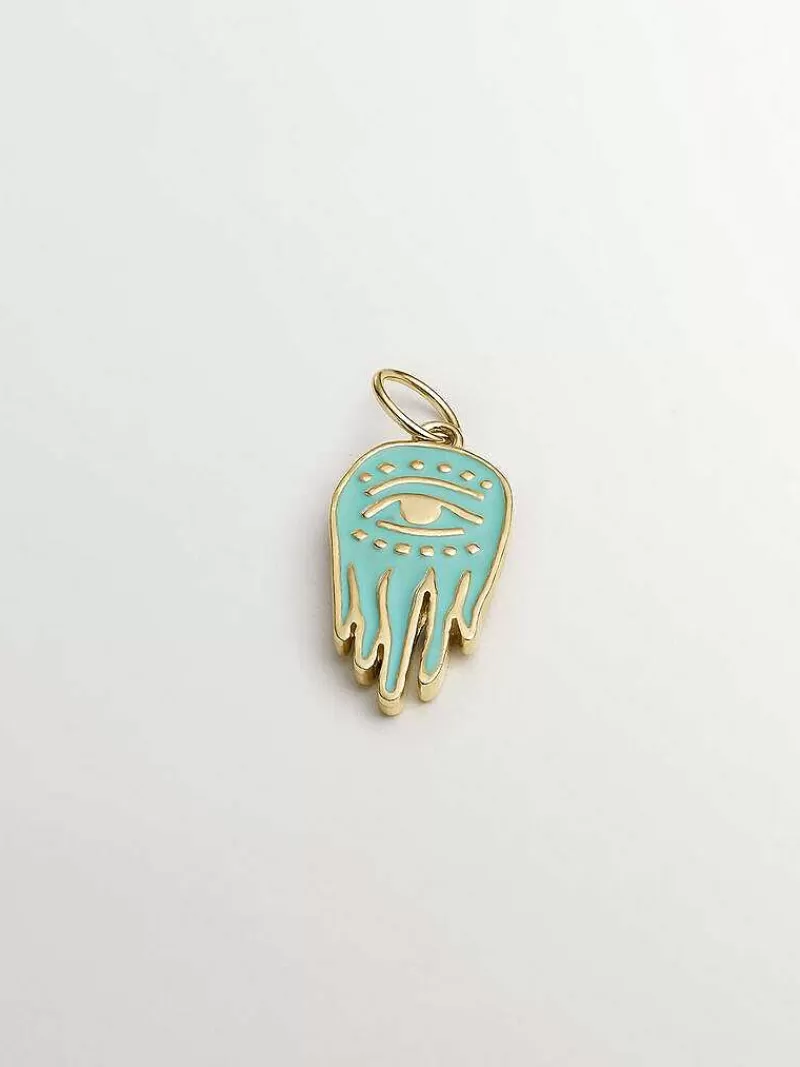 Aristocrazy Charms De Plata-Charm De Plata 925 Banada En Oro Amarillo De 18K Con Esmaltado Turquesa Y Mano De Fatima