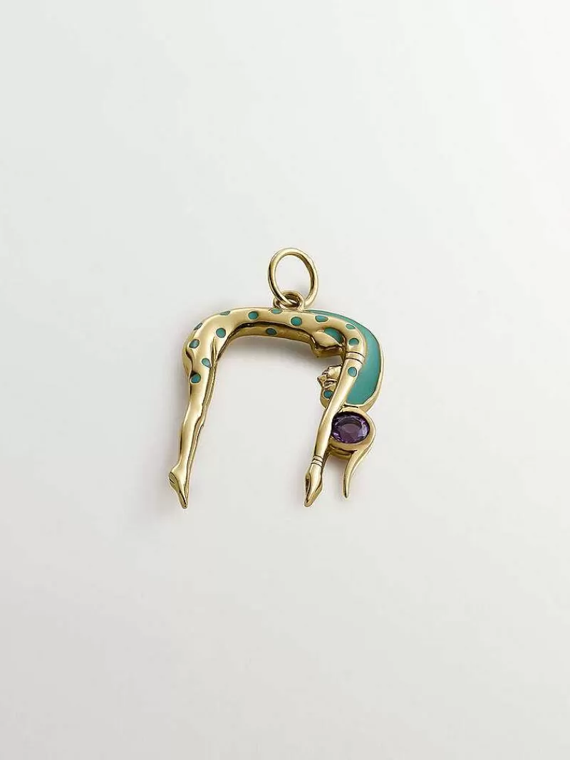 Aristocrazy Charms De Plata-Charm De Plata 925 Banada En Oro Amarillo De 18K Con Forma De Diosa Nut, Amatista Morada Y Esmalte