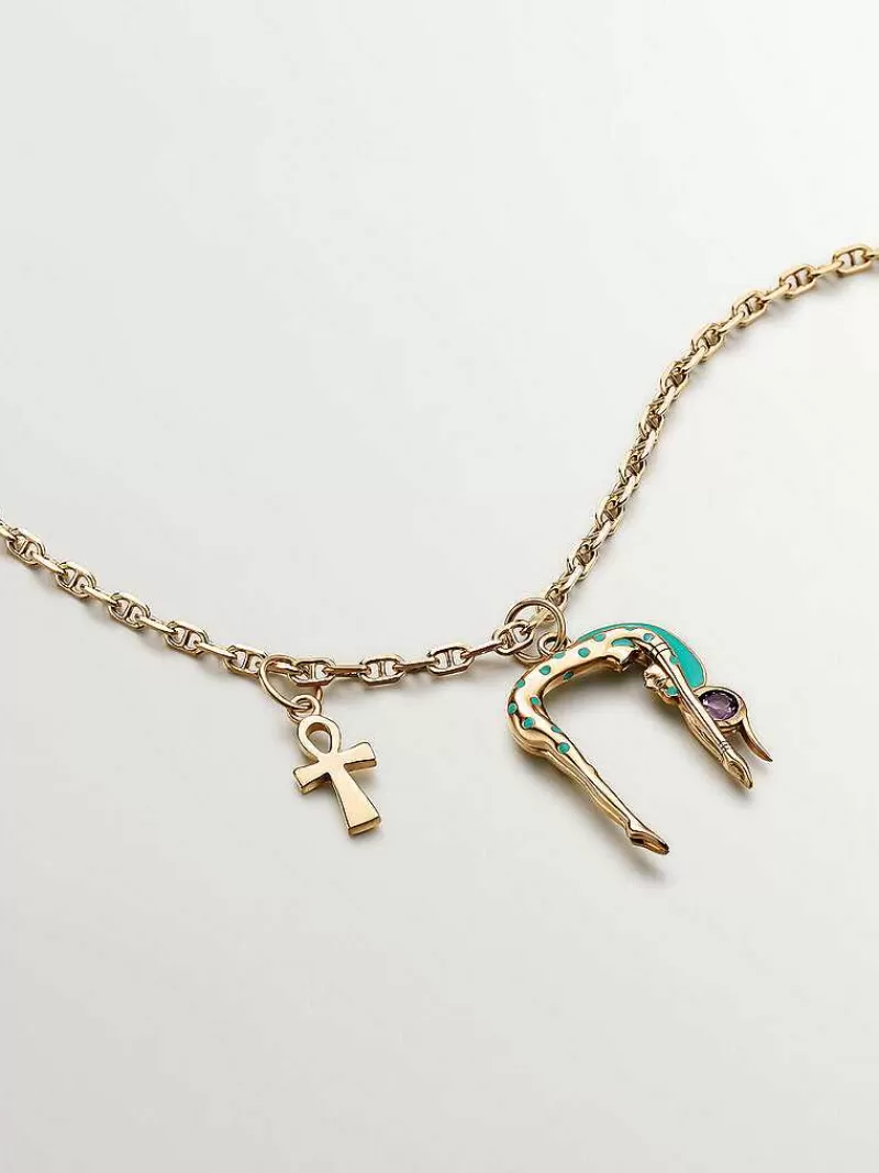 Aristocrazy Charms De Plata-Charm De Plata 925 Banada En Oro Amarillo De 18K Con Forma De Diosa Nut, Amatista Morada Y Esmalte
