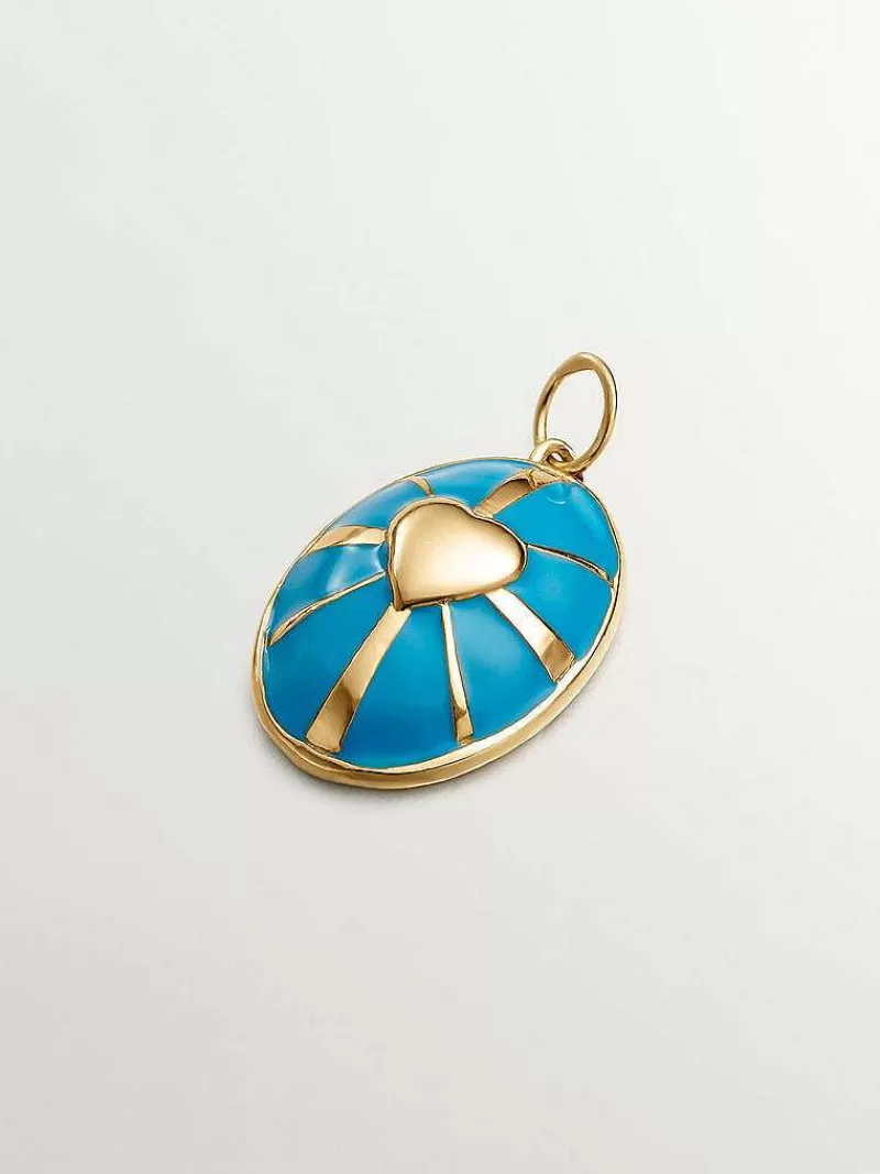 Aristocrazy Charms De Plata-Charm De Plata 925 Banada En Oro Amarillo De 18K Con Forma De Escudo Con Corazon Y Esmalte Turquesa