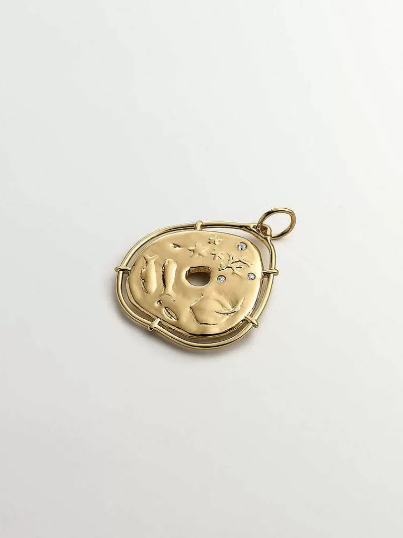 Aristocrazy Charms De Plata-Charm De Plata 925 Banada En Oro Amarillo De 18K Con Forma De Medalla Irregular Y Topacios Blancos