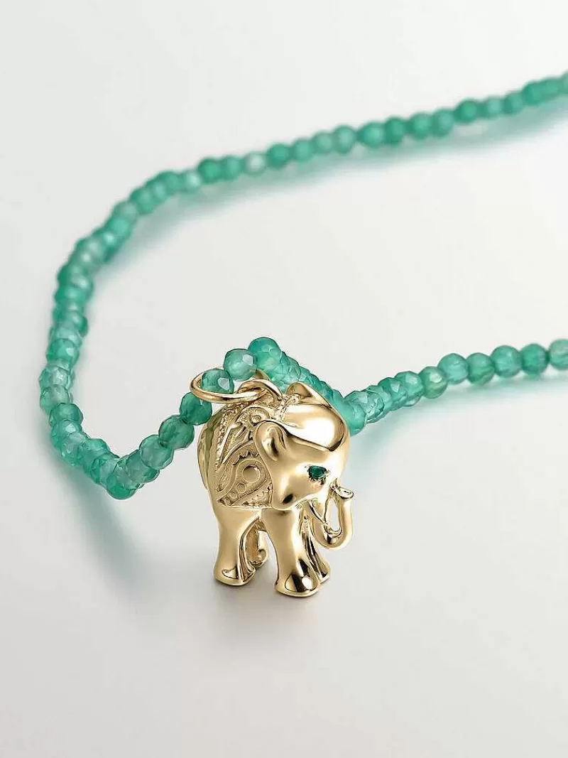 Aristocrazy Charms De Plata-Charm De Plata 925 Banada En Oro Amarillo De 18K Con Onix Verde Y Forma De Elefante