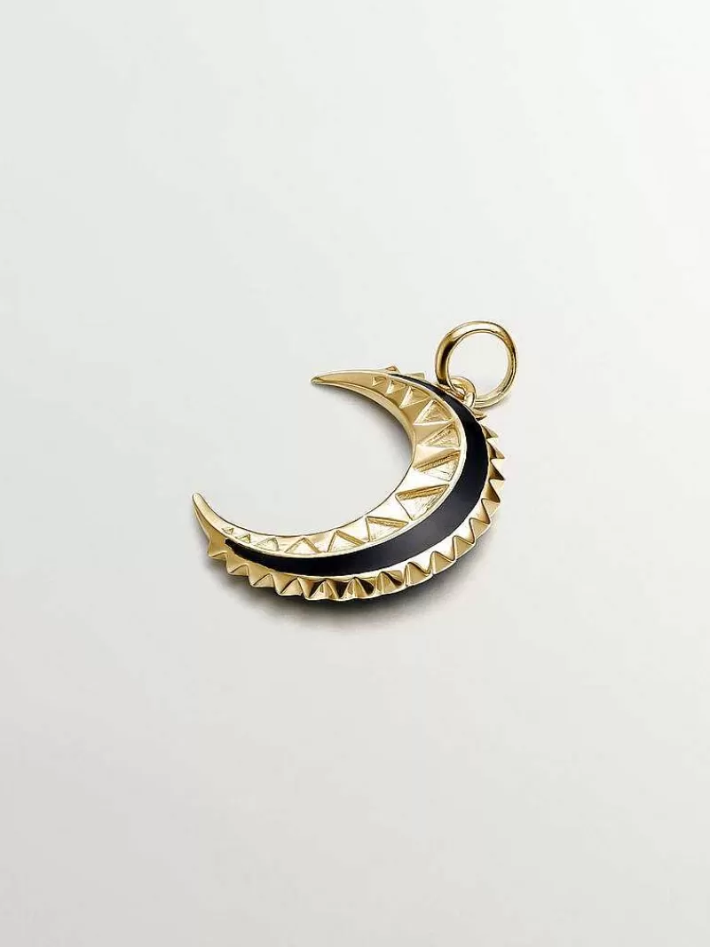 Aristocrazy Charms De Plata-Charm De Plata 925 Banada En Oro Amarillo De 18K Con Topacios Blancos, Esmalte Negro Y Forma De Luna