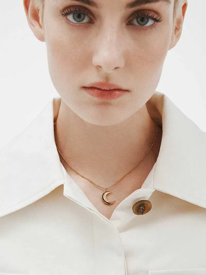 Aristocrazy Charms De Plata-Charm De Plata 925 Banada En Oro Amarillo De 18K Con Topacios Blancos, Esmalte Negro Y Forma De Luna