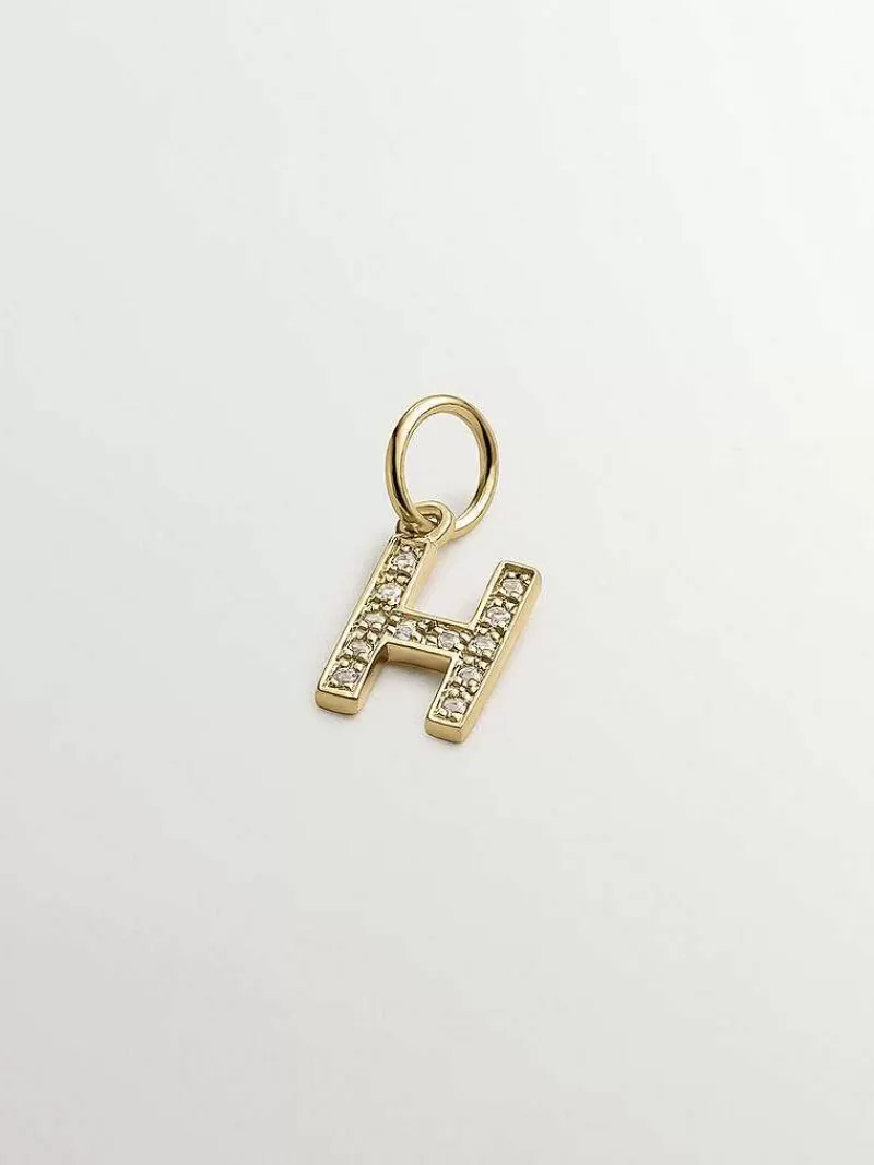 Aristocrazy Charms De Letras-Charm De Plata 925 Banada En Oro Amarillo De 18K Y Topacios Blancos Inicial H