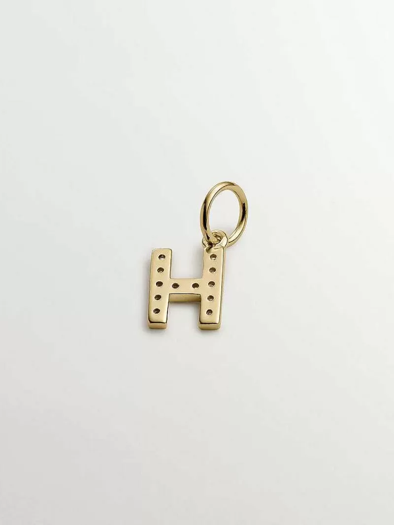 Aristocrazy Charms De Letras-Charm De Plata 925 Banada En Oro Amarillo De 18K Y Topacios Blancos Inicial H