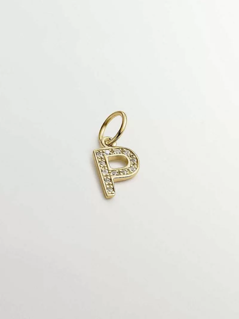Aristocrazy Charms De Letras-Charm De Plata 925 Banada En Oro Amarillo De 18K Y Topacios Blancos Inicial P