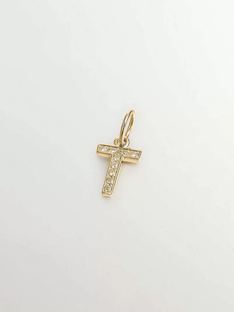 Aristocrazy Charms De Letras-Charm De Plata 925 Banada En Oro Amarillo De 18K Y Topacios Blancos Inicial T