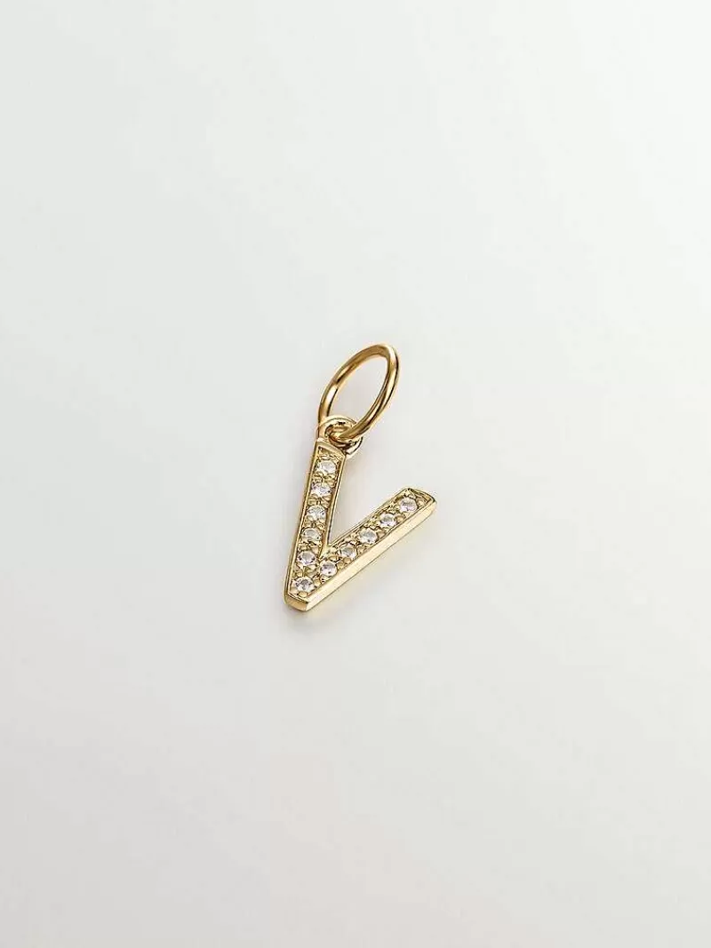 Aristocrazy Charms De Letras-Charm De Plata 925 Banada En Oro Amarillo De 18K Y Topacios Blancos Inicial V