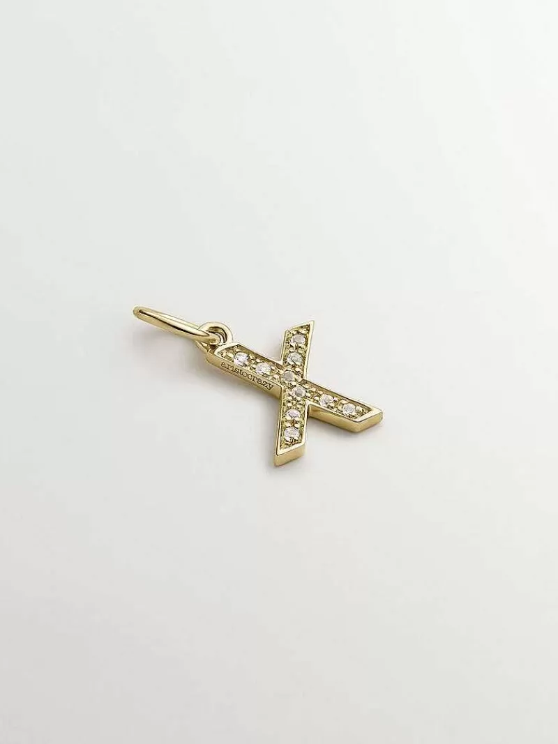 Aristocrazy Conectores-Charm De Plata 925 Banada En Oro Amarillo De 18K Y Topacios Blancos Inicial X