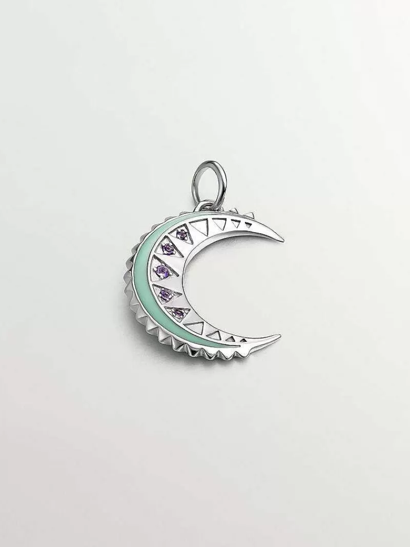 Aristocrazy Charms De Plata-Charm De Plata 925 Con Amatistas Moradas, Esmalte Verde Y Forma De Luna