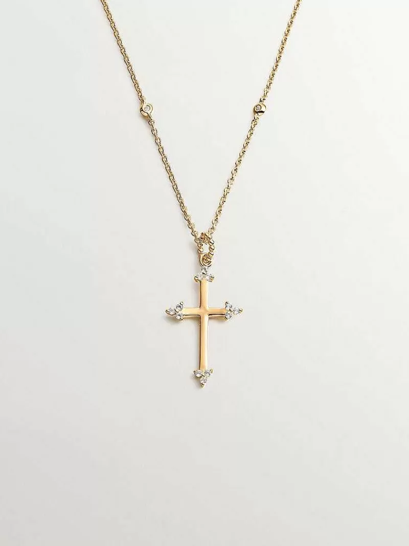 Aristocrazy Collares De Plata-Colgante De Plata 925 Banada En Oro Amarillo De 18K Con Cruz Y Topacios Blancos