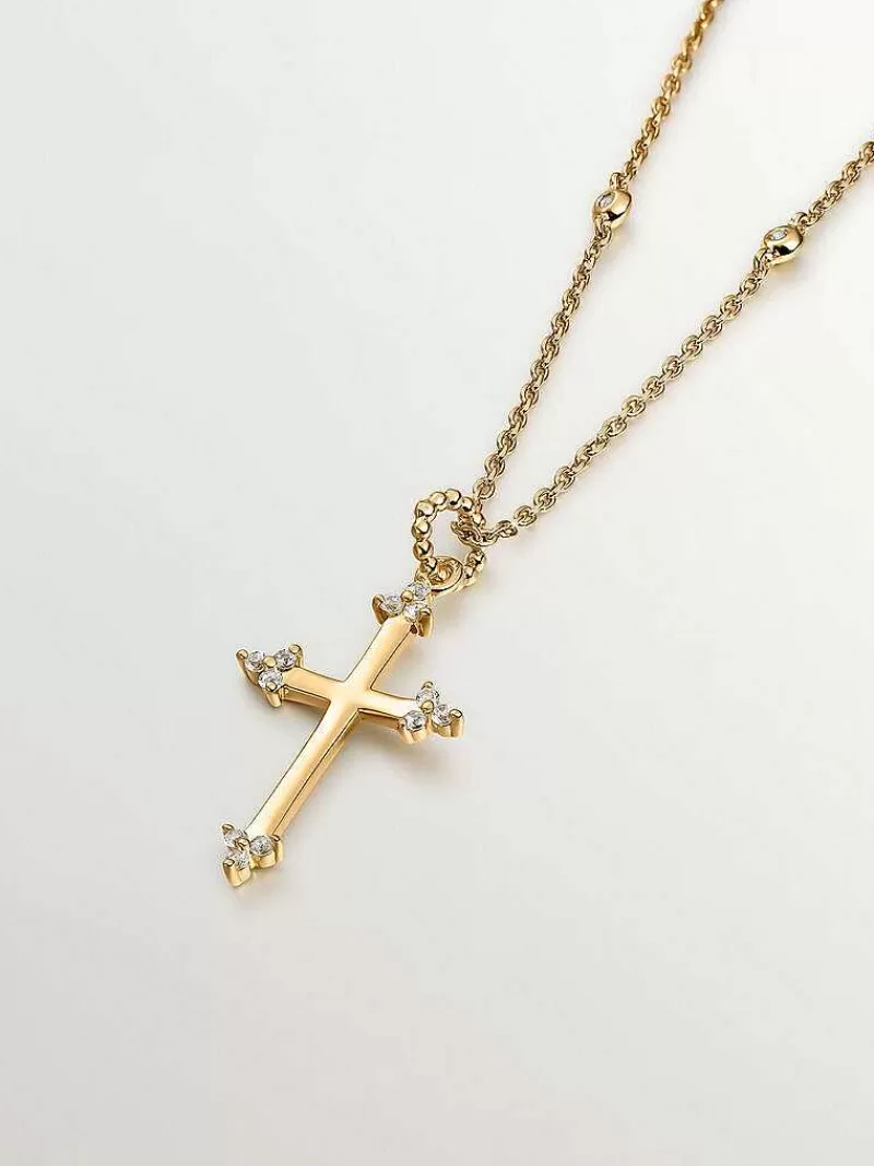 Aristocrazy Collares De Plata-Colgante De Plata 925 Banada En Oro Amarillo De 18K Con Cruz Y Topacios Blancos