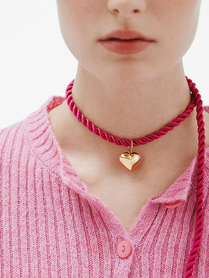 Aristocrazy Charms De Plata-Collar De Cordones De Seda Con Corazon De Plata Banada En Oro Amarillo