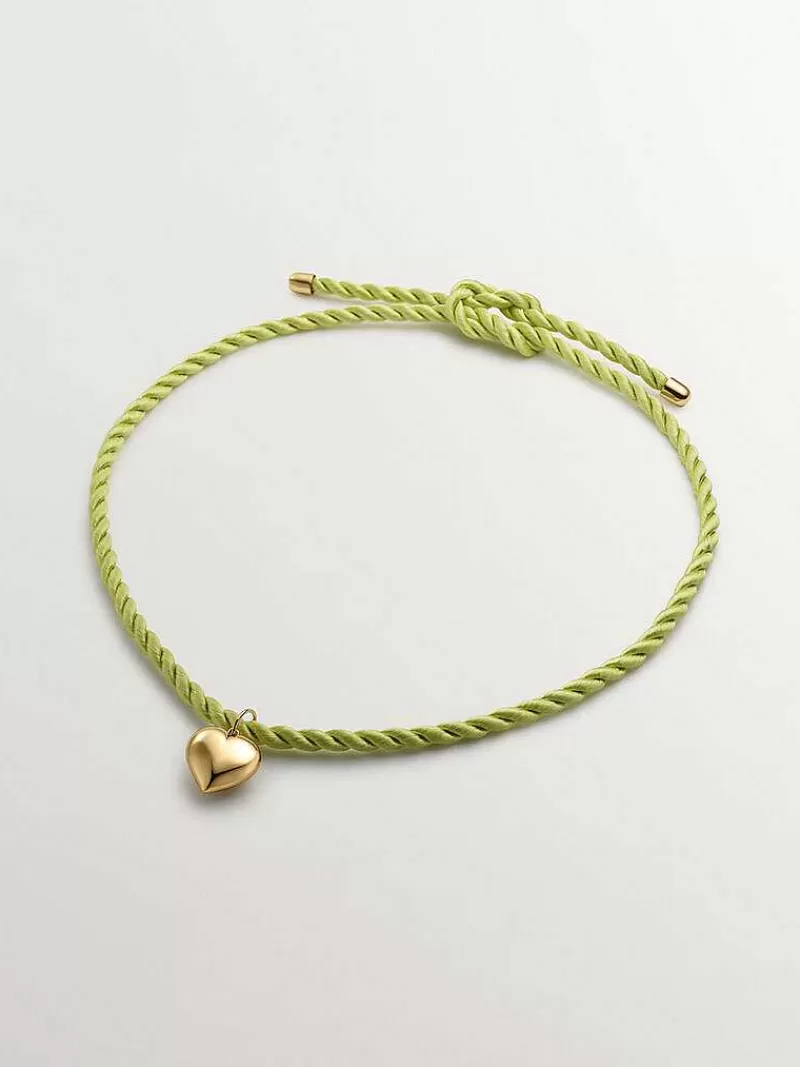 Aristocrazy Charms De Plata-Collar De Cordones De Seda Con Corazon De Plata Banada En Oro Amarillo