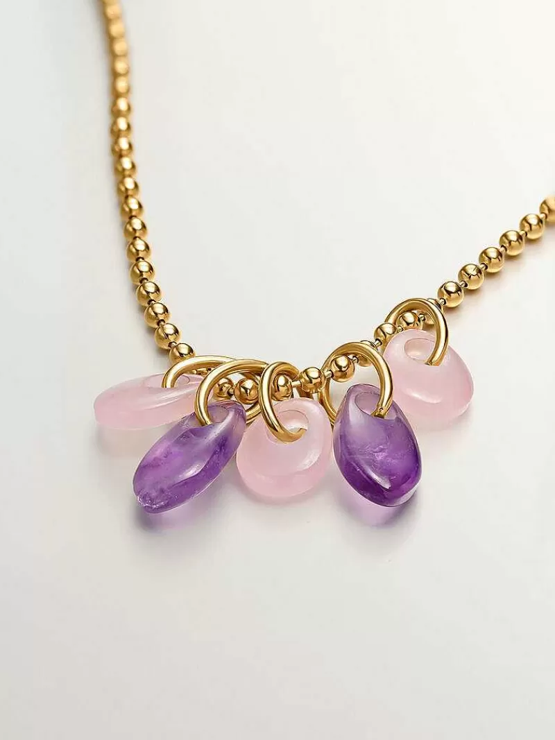 Aristocrazy Collares De Plata-Collar De Plata 925 Banada En Oro Amarillo De 18K Con Amatista Morada Y Agata Rosa
