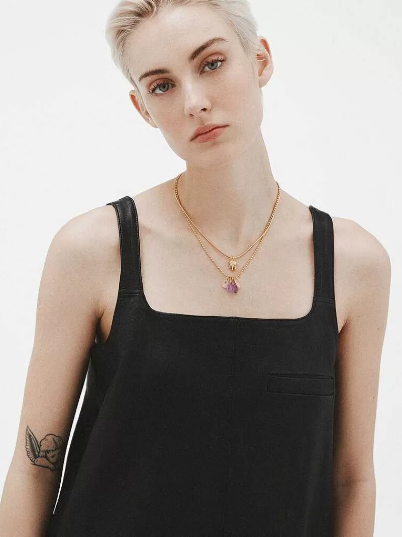 Aristocrazy Collares De Plata-Collar De Plata 925 Banada En Oro Amarillo De 18K Con Amatista Morada Y Agata Rosa