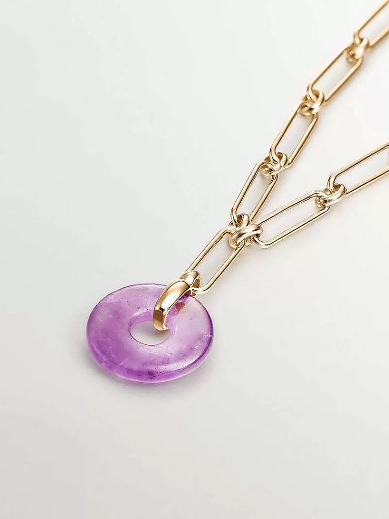 Aristocrazy Collares De Plata-Collar De Plata 925 Banada En Oro Amarillo De 18K Con Amatista Rosa