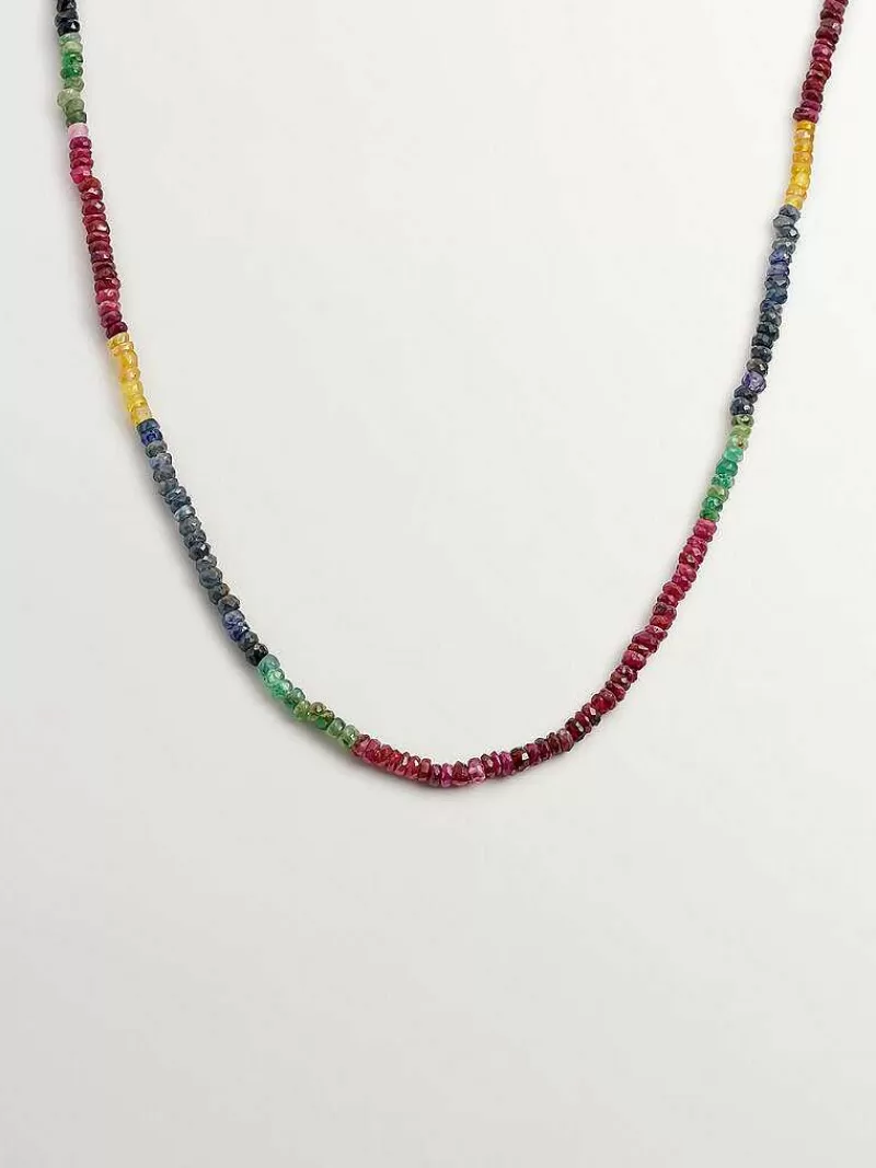 Aristocrazy Collares De Plata-Collar De Plata 925 Banada En Oro Amarillo De 18K Con Bolas De Zafiros Multicolor