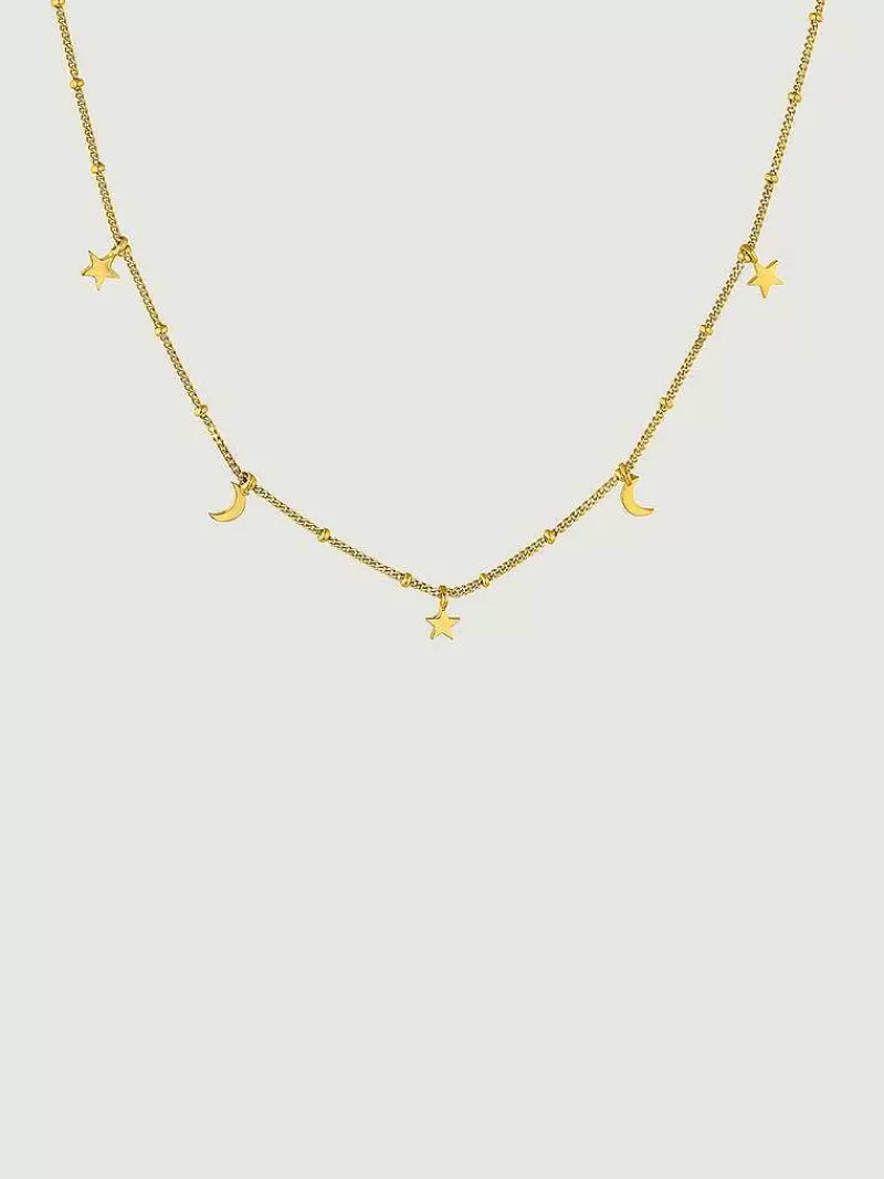 Aristocrazy Collares De Plata-Collar De Plata 925 Banada En Oro Amarillo De 18K Con Estrellas Y Lunas