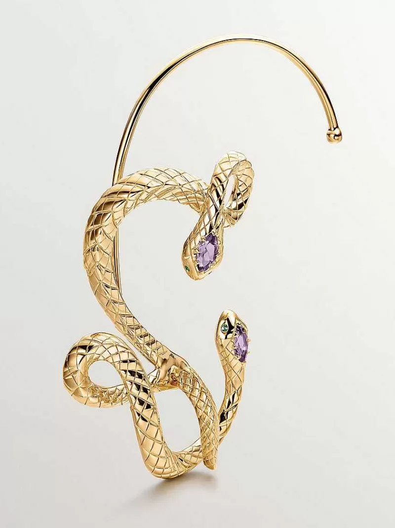 Aristocrazy Pendientes De Plata-Earcuff De Plata 925 Banada En Oro Amarillo De 18K Con Forma De Serpiente, Amatista Y Tsavorita