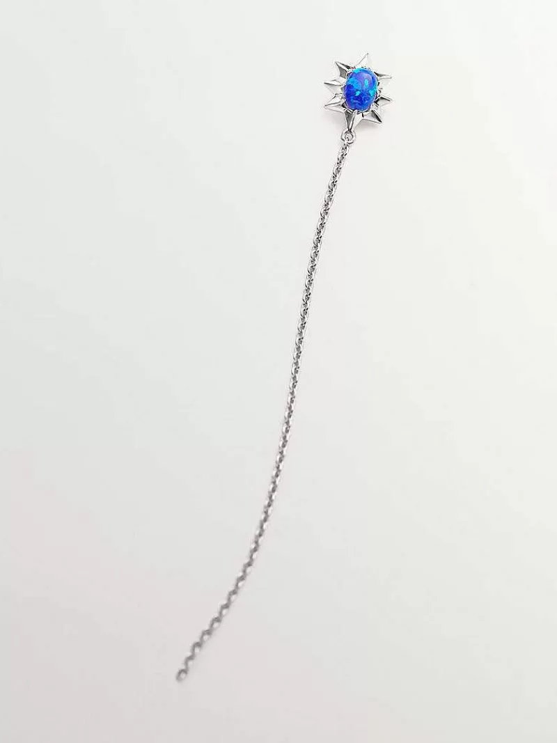 Aristocrazy Pendientes De Oro-Pendiente Individual De Cadena De Oro Blanco De 18K Con Opalo Azul