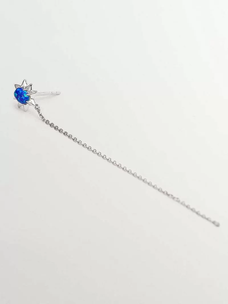 Aristocrazy Pendientes De Oro-Pendiente Individual De Cadena De Oro Blanco De 18K Con Opalo Azul