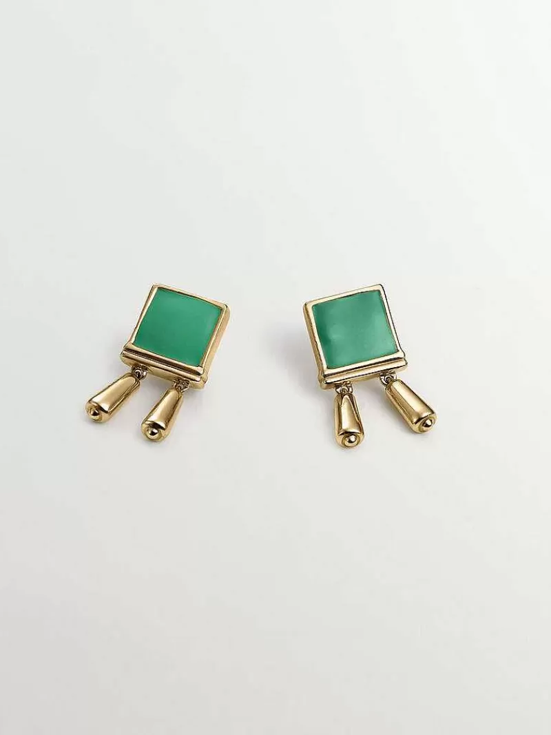 Aristocrazy Pendientes De Plata-Pendiente Individual De Plata 925 Banada En Oro Amarillo De 18K Con Esmalte Verde
