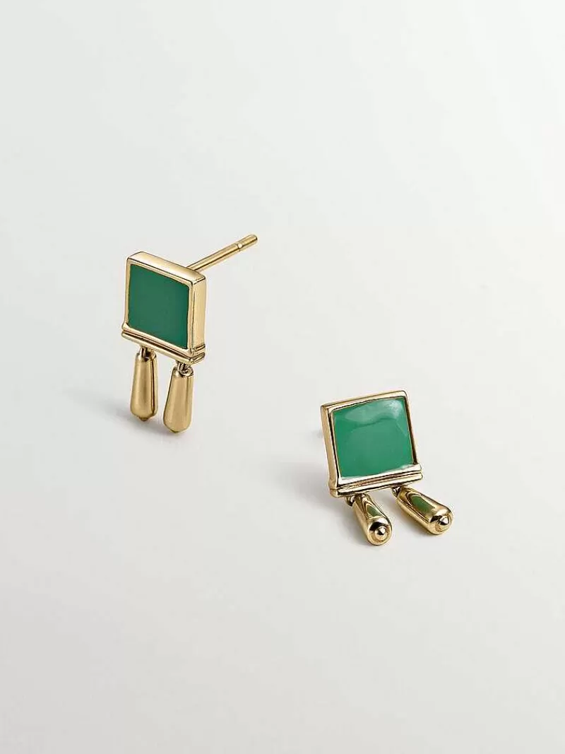 Aristocrazy Pendientes De Plata-Pendiente Individual De Plata 925 Banada En Oro Amarillo De 18K Con Esmalte Verde