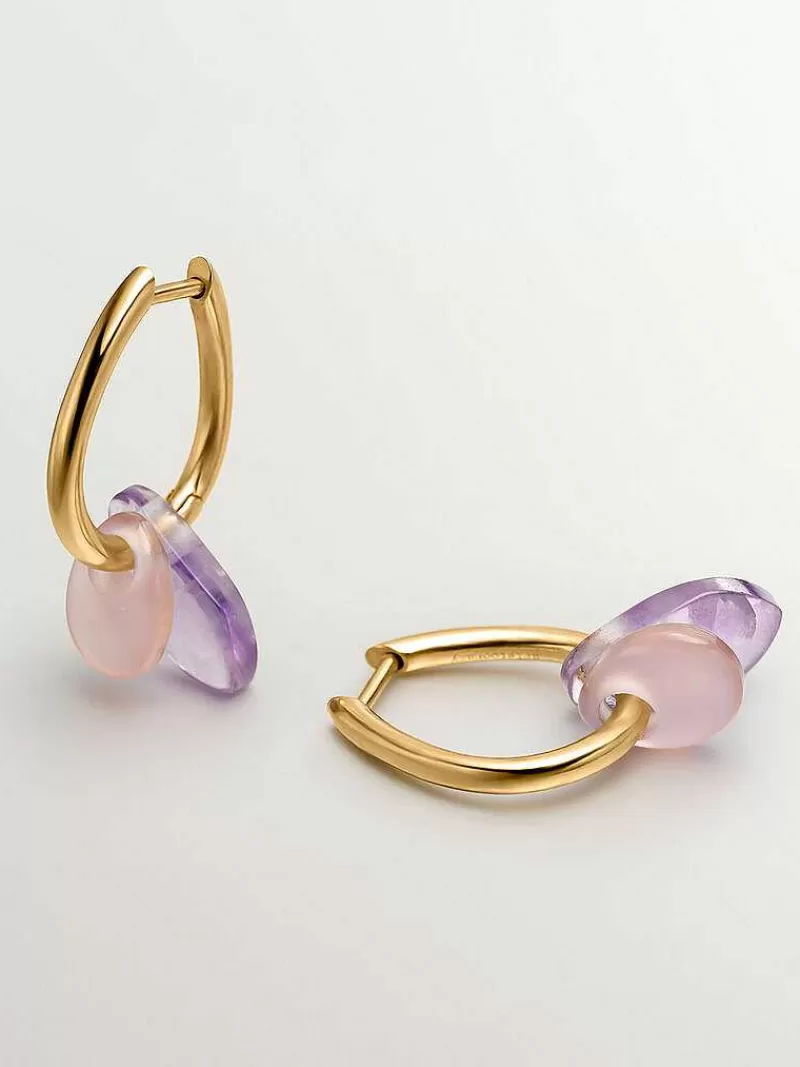 Aristocrazy Pendientes De Plata-Pendientes De Aro De Plata 925 Banada En Oro Amarillo De 18K Con Agata Rosa