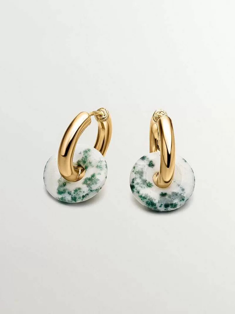 Aristocrazy Pendientes De Plata-Pendientes De Aro De Plata 925 Banada En Oro Amarillo De 18K Con Agata Verde