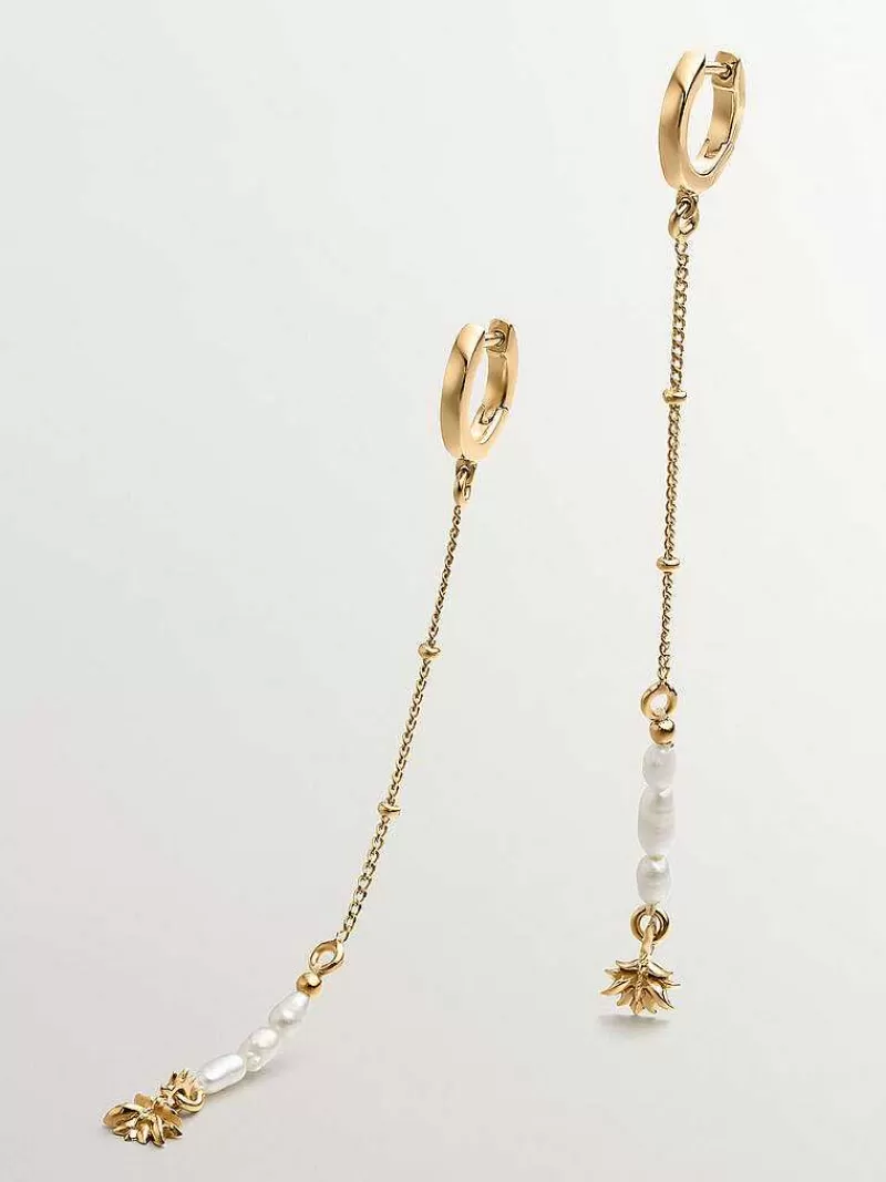 Aristocrazy Pendientes De Plata-Pendientes De Aro De Plata 925 Banada En Oro Amarillo De 18K Con Colgante De Perlas Y Flor De Loto