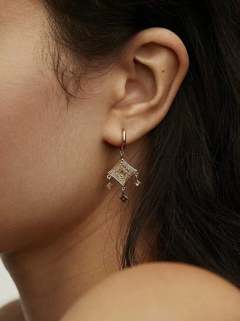 Aristocrazy Pendientes De Plata-Pendientes De Aro De Plata 925 Banada En Oro Amarillo De 18K Con Motivos Etnicos