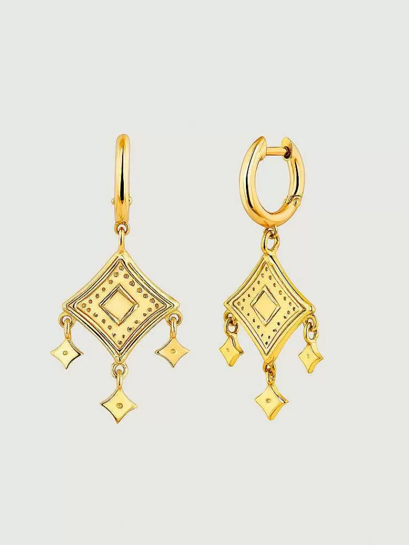 Aristocrazy Pendientes De Plata-Pendientes De Aro De Plata 925 Banada En Oro Amarillo De 18K Con Motivos Etnicos