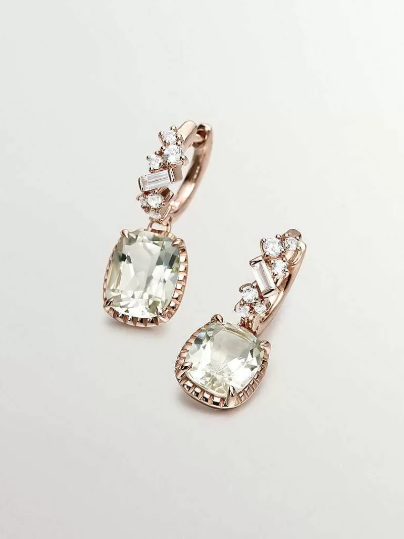 Aristocrazy Pendientes De Plata-Pendientes De Aro De Plata 925 Banada En Oro Rosa De 18K Con Cuarzos Verdes Y Topacios Azul Swiss