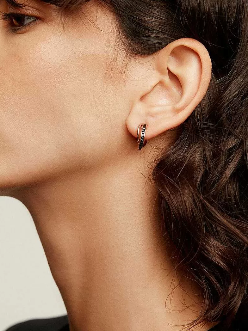 Aristocrazy Pendientes De Aro-Pendientes De Aro Doble De Plata 925 Banada En Oro Rosa De 18K Con Espinelas Negras