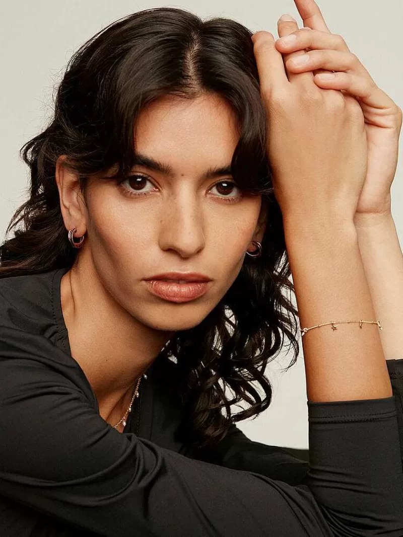Aristocrazy Pendientes De Aro-Pendientes De Aro Doble De Plata 925 Banada En Oro Rosa De 18K Con Espinelas Negras