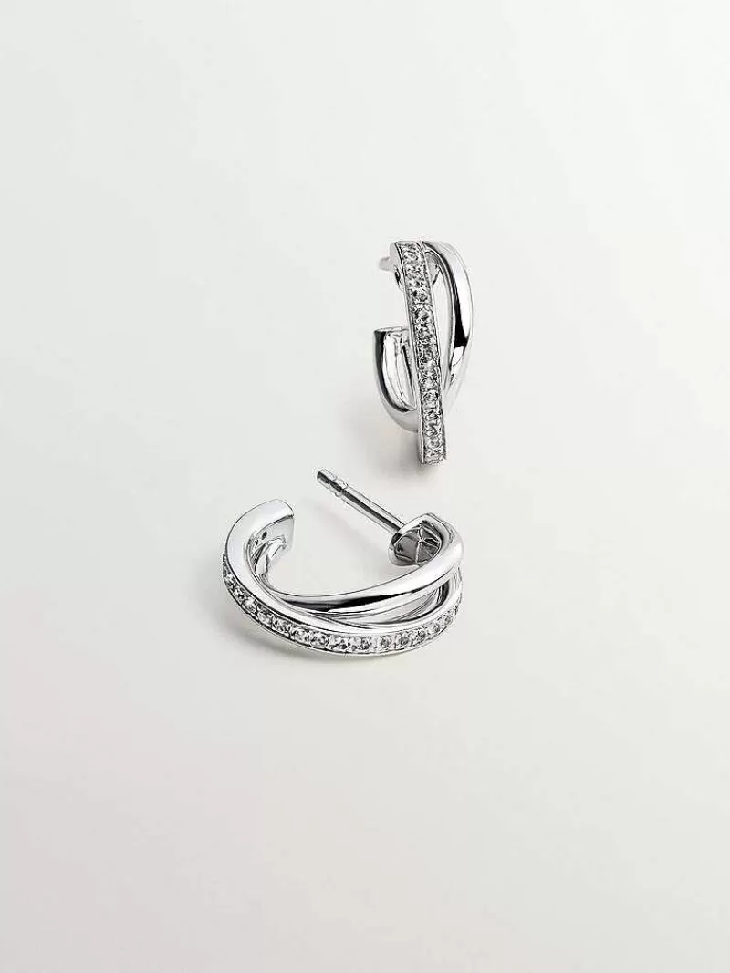 Aristocrazy Pendientes De Aro-Pendientes De Aro Doble De Plata 925 Con Topacios Blancos
