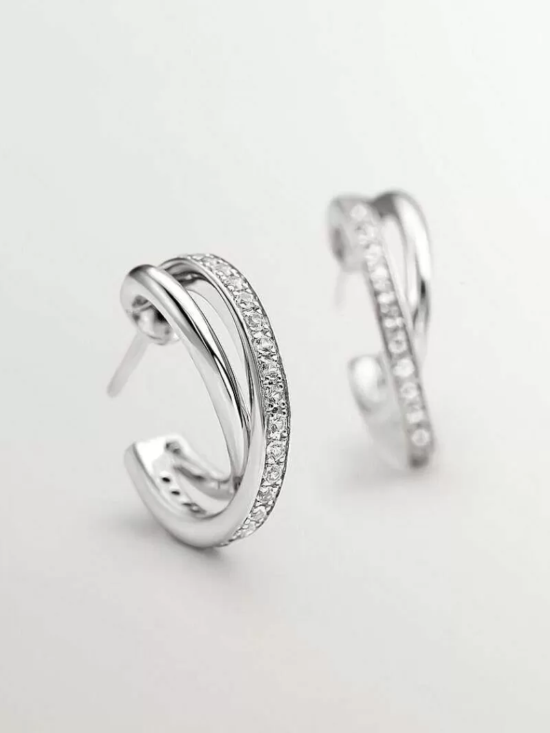 Aristocrazy Pendientes De Aro-Pendientes De Aro Doble De Plata 925 Con Topacios Blancos