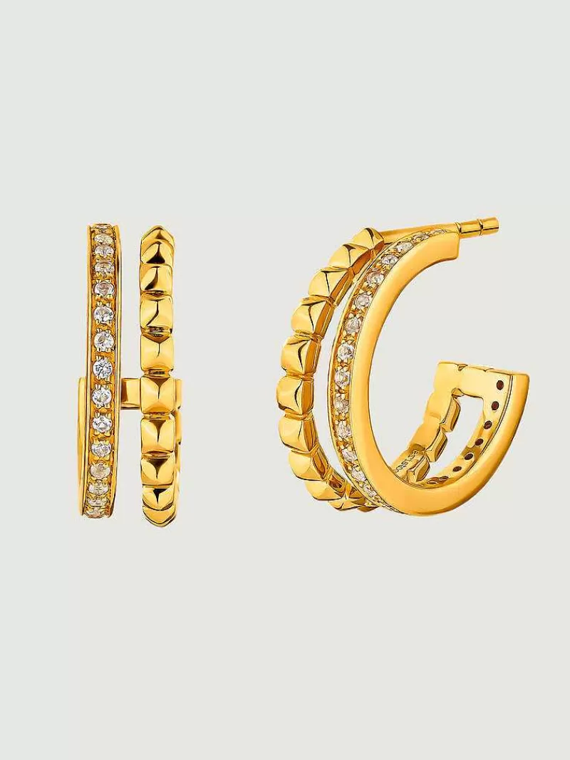 Aristocrazy Pendientes De Aro-Pendientes De Aro Dobles De Plata 925 Banada En Oro Amarillo De 18K Con Relieve Y Topacios Blancos