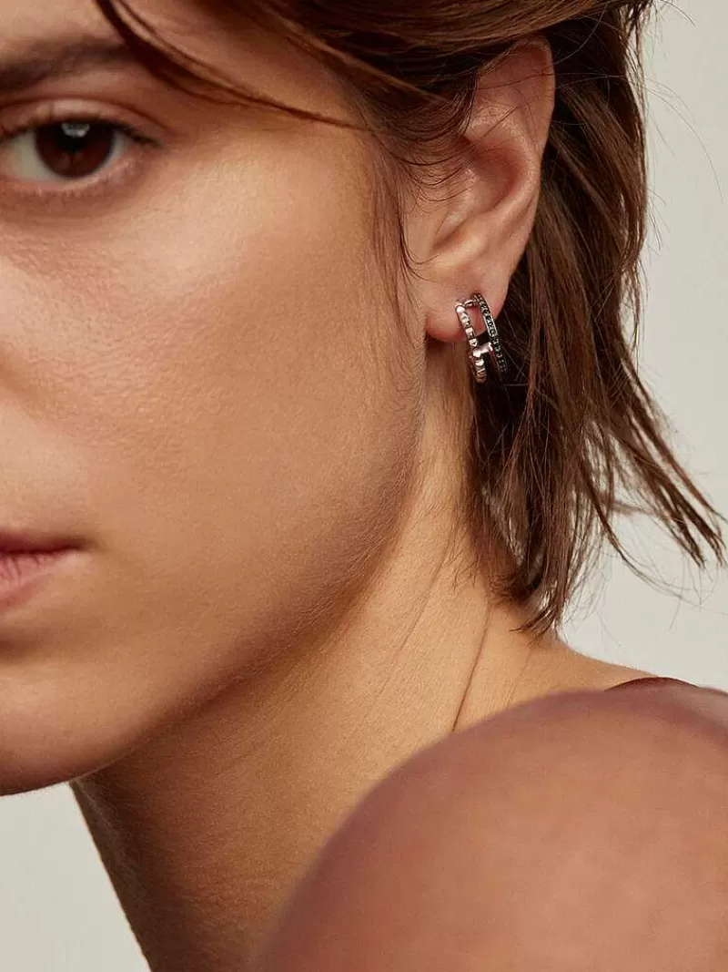 Aristocrazy Pendientes De Aro-Pendientes De Aro Dobles De Plata 925 Con Relieve Y Espinelas Negras