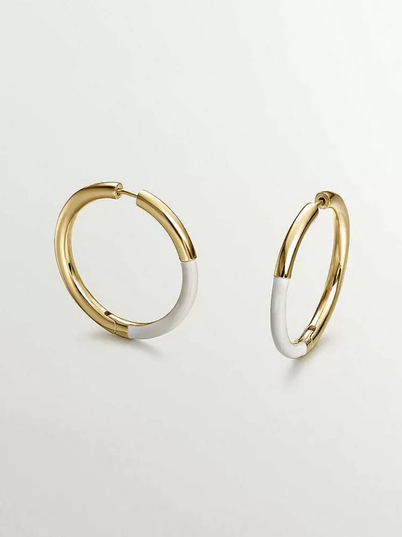 Aristocrazy Pendientes De Aro-Pendientes De Aro Grandes De Plata 925 Banada En Oro Amarillo De 18K Con Esmalte Blanco