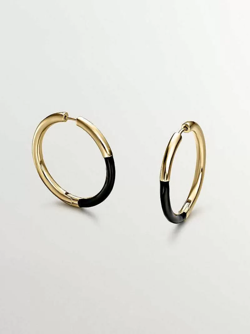 Aristocrazy Pendientes De Aro-Pendientes De Aro Grandes De Plata 925 Banada En Oro Amarillo De 18K Con Esmalte Negro