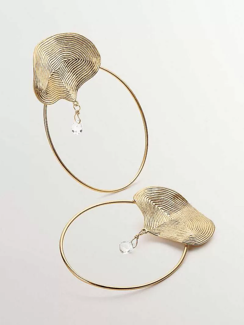Aristocrazy Pendientes De Plata-Pendientes De Aro Grandes De Plata 925 Banada En Oro Amarillo De 18K Con Relieve Y Topacio Blanco