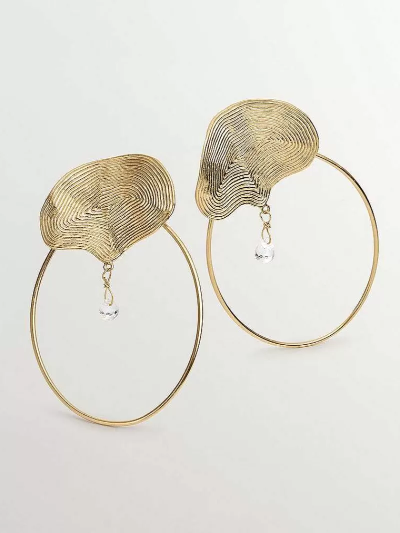 Aristocrazy Pendientes De Plata-Pendientes De Aro Grandes De Plata 925 Banada En Oro Amarillo De 18K Con Relieve Y Topacio Blanco