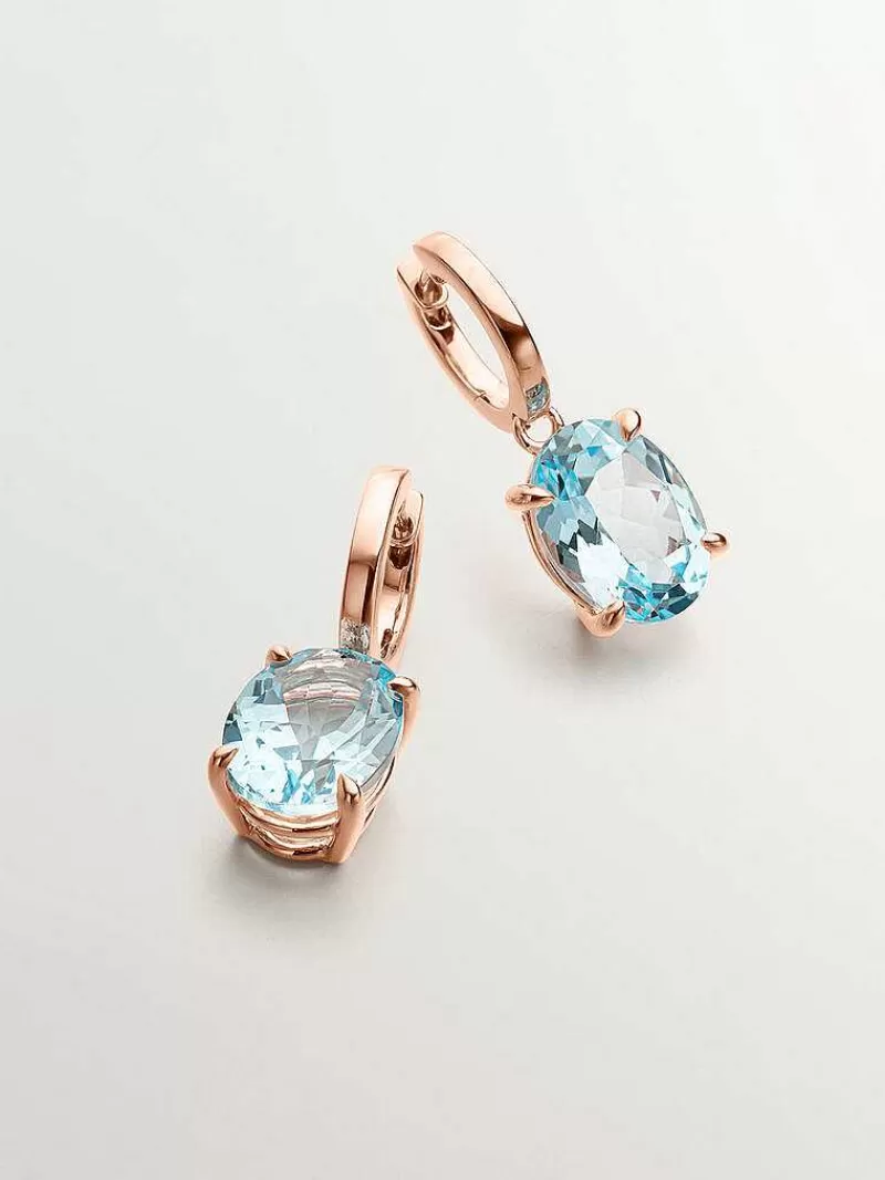 Aristocrazy Pendientes De Plata-Pendientes De Aro Grandes De Plata 925 Banada En Oro Rosa De 18K Con Topacio Azul Sky
