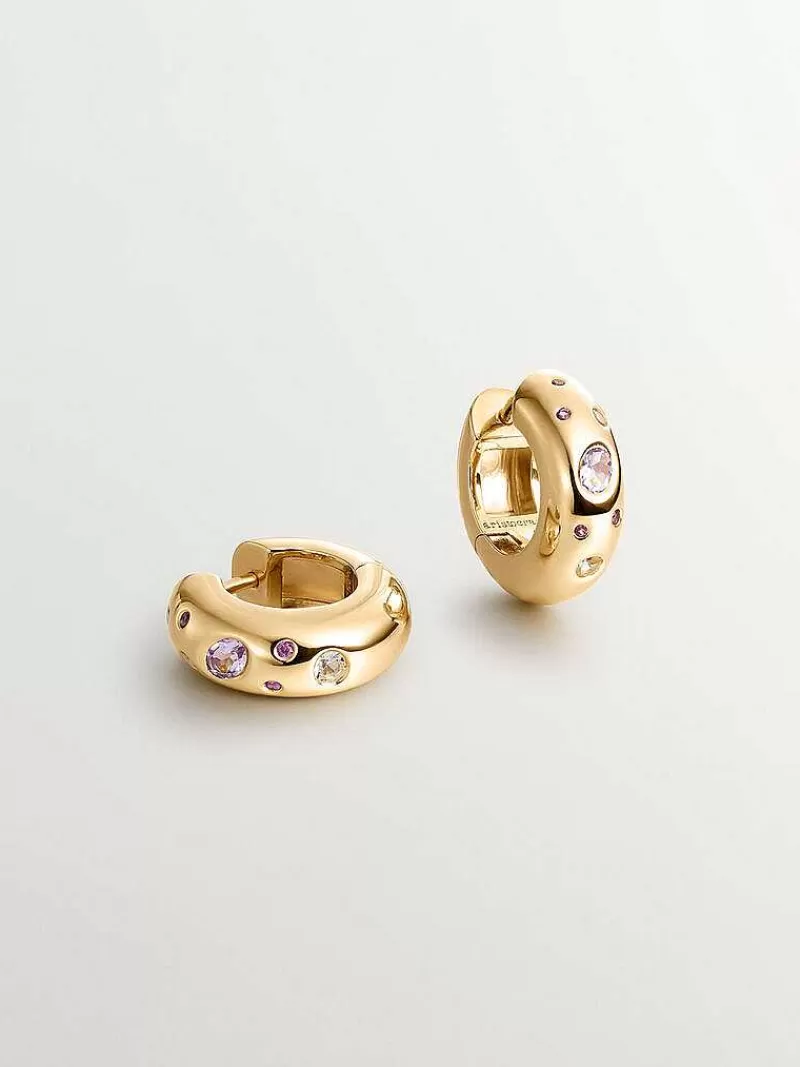 Aristocrazy Pendientes De Plata-Pendientes De Aro Gruesos De Plata 925 Banada En Oro Amarillo De 18K Con Topacios Blancos, Amatistas Rosas Y Moradas Y Rodolitas Rosas