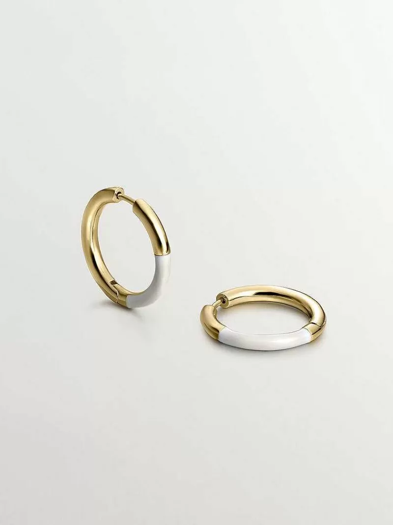 Aristocrazy Pendientes De Aro-Pendientes De Aro Mediano De Plata 925 Banada En Oro Amarillo De 18K Con Esmalte Blanco